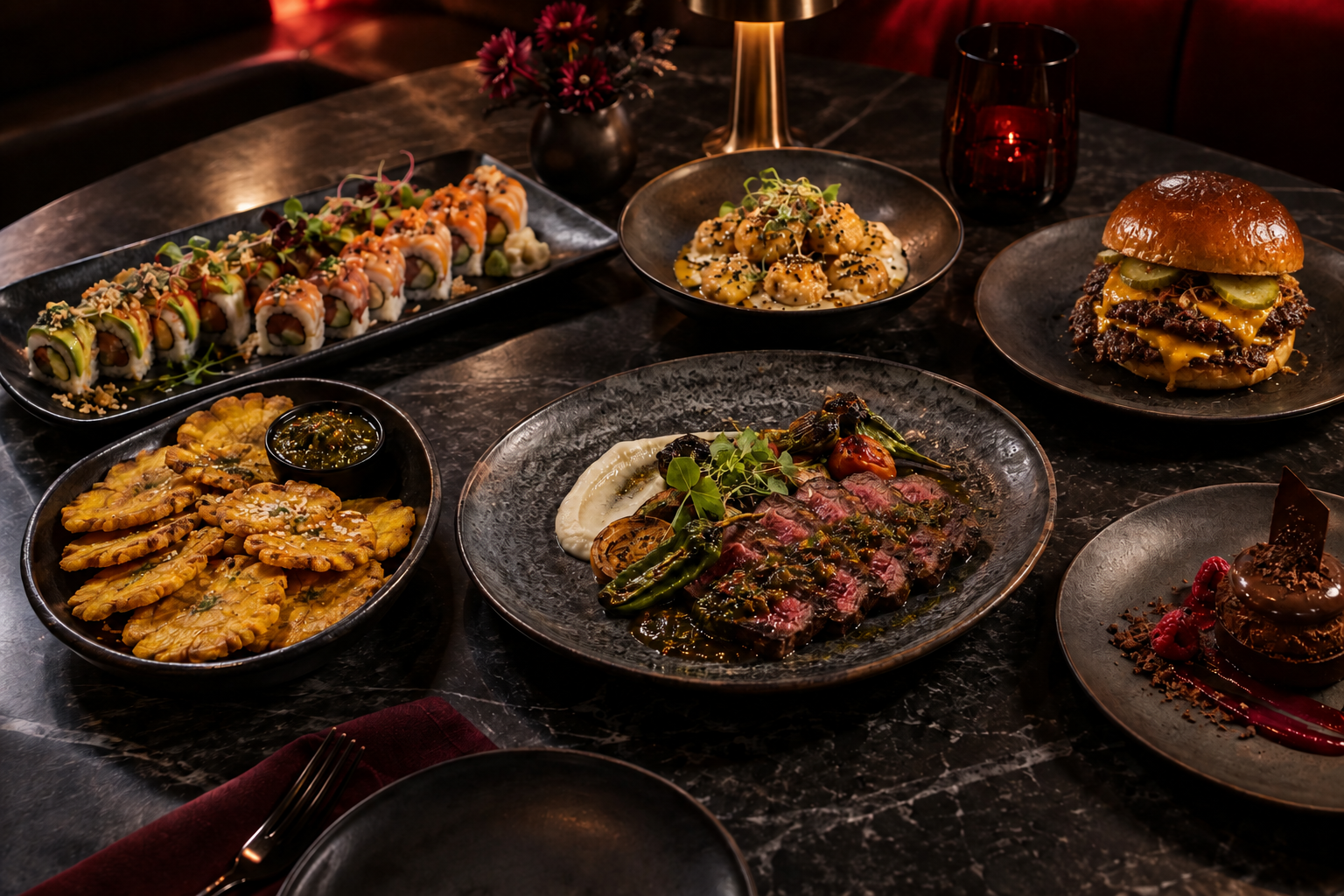 Smash burger, tostones, sushi, flat iron, postre y piqueos para compartir